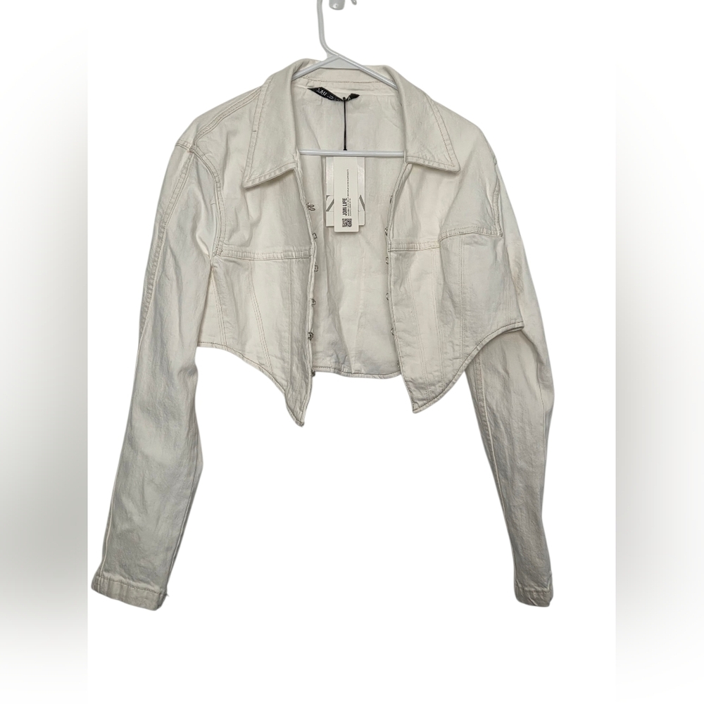 Zara Women's White Denim Jacket corset cropped jeans jacket Sz XXL - Picture 2 of 16